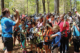 Show and tell: A guide at Treetop Quest in Buford, Ga., leads a ground school training session for a group of guests.